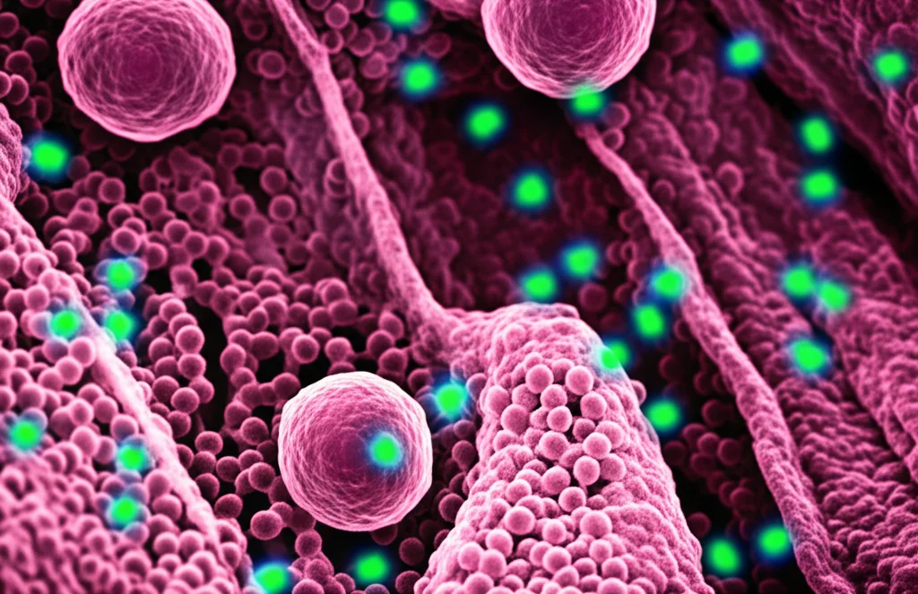 Lenti macro, 60 mm, dettagli elevati, focalizzazione precisa, illuminazione controllata che mostra una vista microscopica all'interno del colon umano, evidenziando le cellule batteriche che rilasciano minuscole vescicole extracellulari sferiche (BEV) in mezzo al rivestimento della mucosa. Alcuni BEV sono visibilmente rivestiti con marcatori di anticorpi luminosi (IgA).