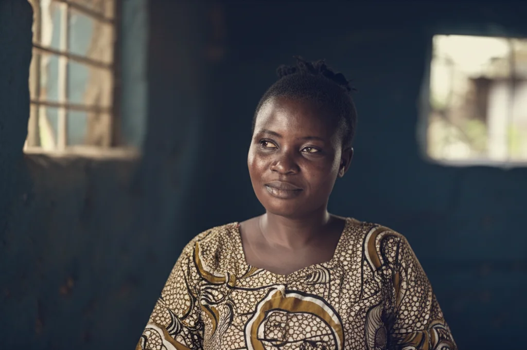 Fotografia di ritratto di un'operatrice sanitaria Ghanese sorridente ma pensierosa all'interno di una clinica rurale nella Volta Region, Ghana. Obiettivo 35mm, luce naturale morbida che entra da una finestra, profondità di campo ridotta per sfocare lo sfondo. Toni duotone seppia e blu.