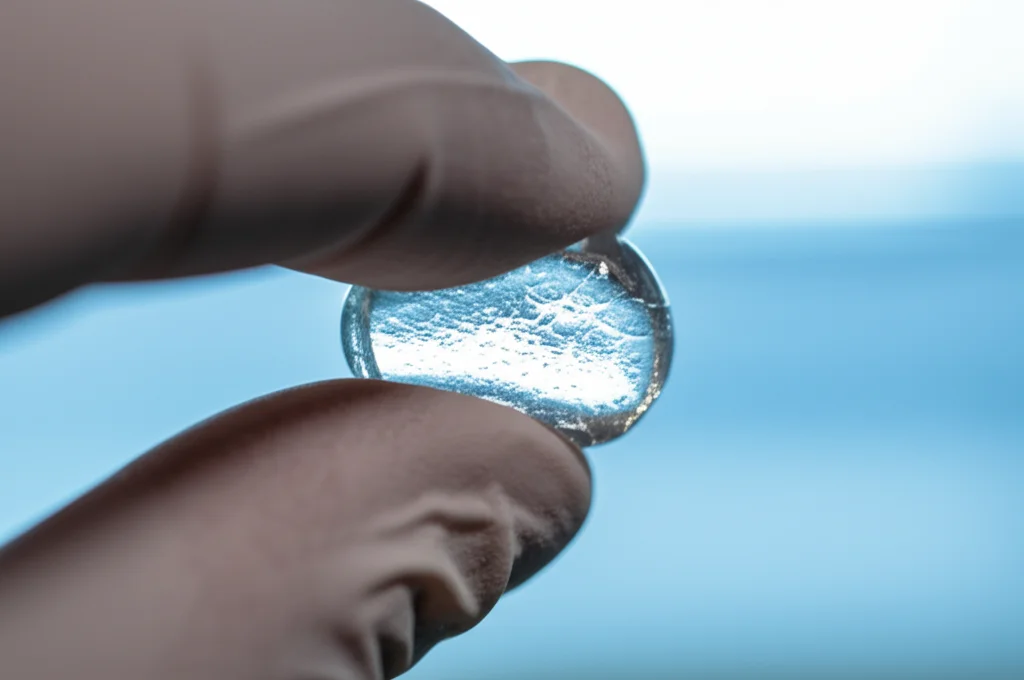 Macro fotografia di un campione trasparente di idrogel PGS-Ca2+/LiCl tenuto tra due dita guantate in un laboratorio luminoso. Obiettivo macro 90mm, alta definizione, illuminazione controllata per evidenziare la trasparenza e la texture gelatinosa.