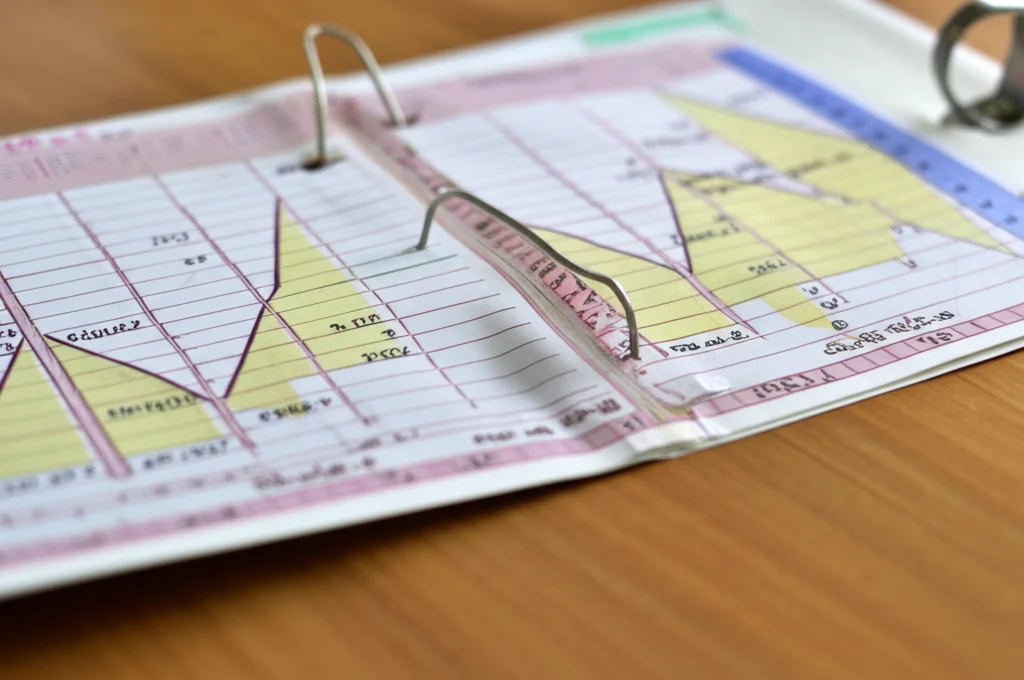 Fotografia macro di una cartella clinica prenatale aperta su una scrivania di legno in una clinica Ghanese. Obiettivo macro 90mm, messa a fuoco precisa su grafici e note scritte a mano, illuminazione controllata laterale per evidenziare la texture della carta. Dettaglio elevato.