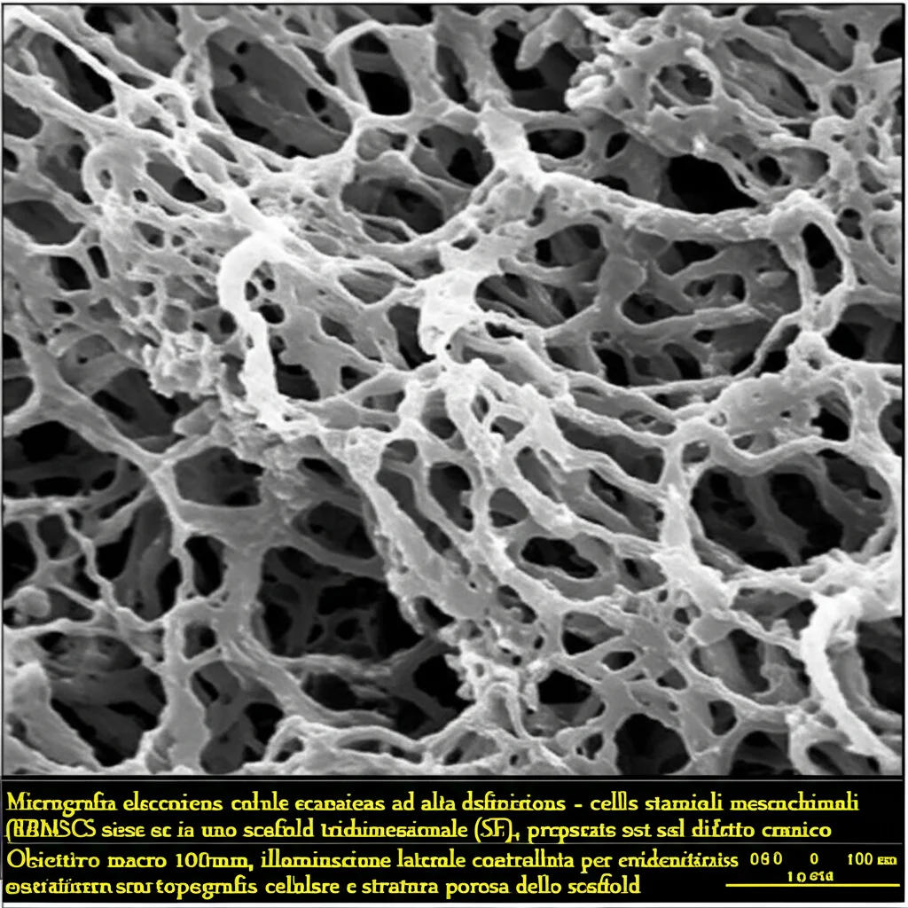 Micrografia elettronica a scansione ad alta definizione di cellule staminali mesenchimali (rBMSCs) adese a uno scaffold poroso tridimensionale in fibroina di seta (SF), preparate per l'impianto nel difetto cranico. Obiettivo macro 100mm, illuminazione laterale controllata per evidenziare la topografia cellulare e la struttura porosa dello scaffold, dettagli precisi.