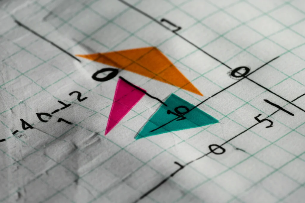 Fotografia macro di tre piccoli triangoli colorati e semitrasparenti sovrapposti su un foglio millimetrato, illuminazione laterale controllata per creare ombre morbide, alta definizione, lente macro 85mm, a simboleggiare i numeri fuzzy triangolari e la gestione dell'incertezza.