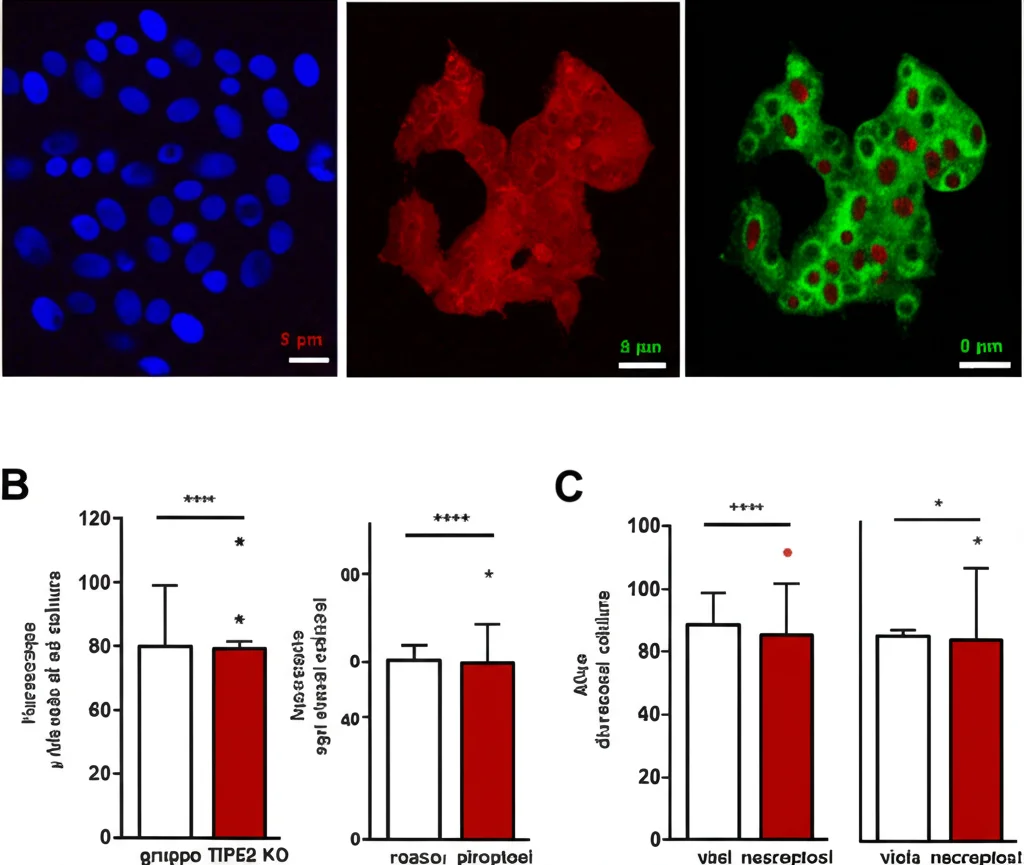 Visualizzazione al microscopio a fluorescenza di macrofagi alveolari di topo in coltura, alcuni dei quali (gruppo TIPE2 KO + CLP) mostrano segni evidenti di PANoptosi con colori fluorescenti brillanti (rosso per piroptosi, verde per apoptosi, viola per necroptosi) che indicano diverse vie di morte cellulare attive. Obiettivo ad alta potenza 60x, campo scuro per contrasto.