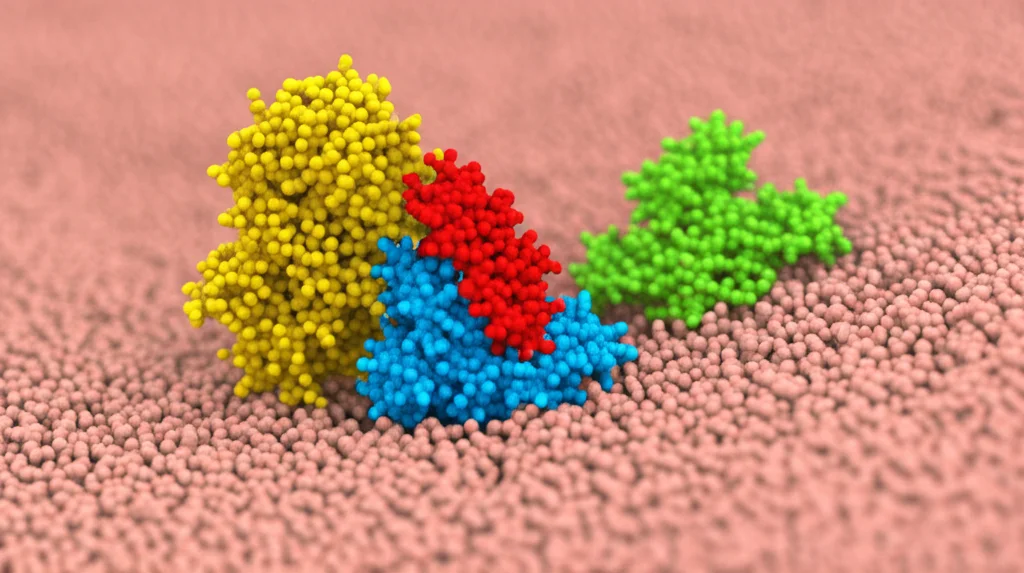 Illustrazione 3D fotorealistica di complessi proteici (ZBP1 in rosso, TRIF in giallo, Caspase-8 in verde) che tentano di interagire all'interno di un macrofago alveolare stilizzato. La proteina TIPE2 (in blu brillante) si interpone fisicamente, bloccando l'interazione. Stile visualizzazione scientifica, dettagli molecolari elevati, profondità di campo ridotta per focalizzare sull'interazione chiave.
