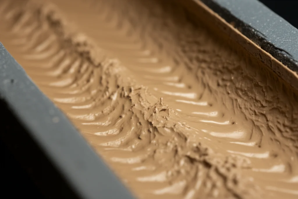 Fotografia macro di un modello in scala di un canale aperto in laboratorio, riempito parzialmente con fango limoso umido; illuminazione controllata da studio, obiettivo macro 90mm, alta definizione dei dettagli della texture del fango e del materiale del canale, messa a fuoco precisa sulla superficie del fango.