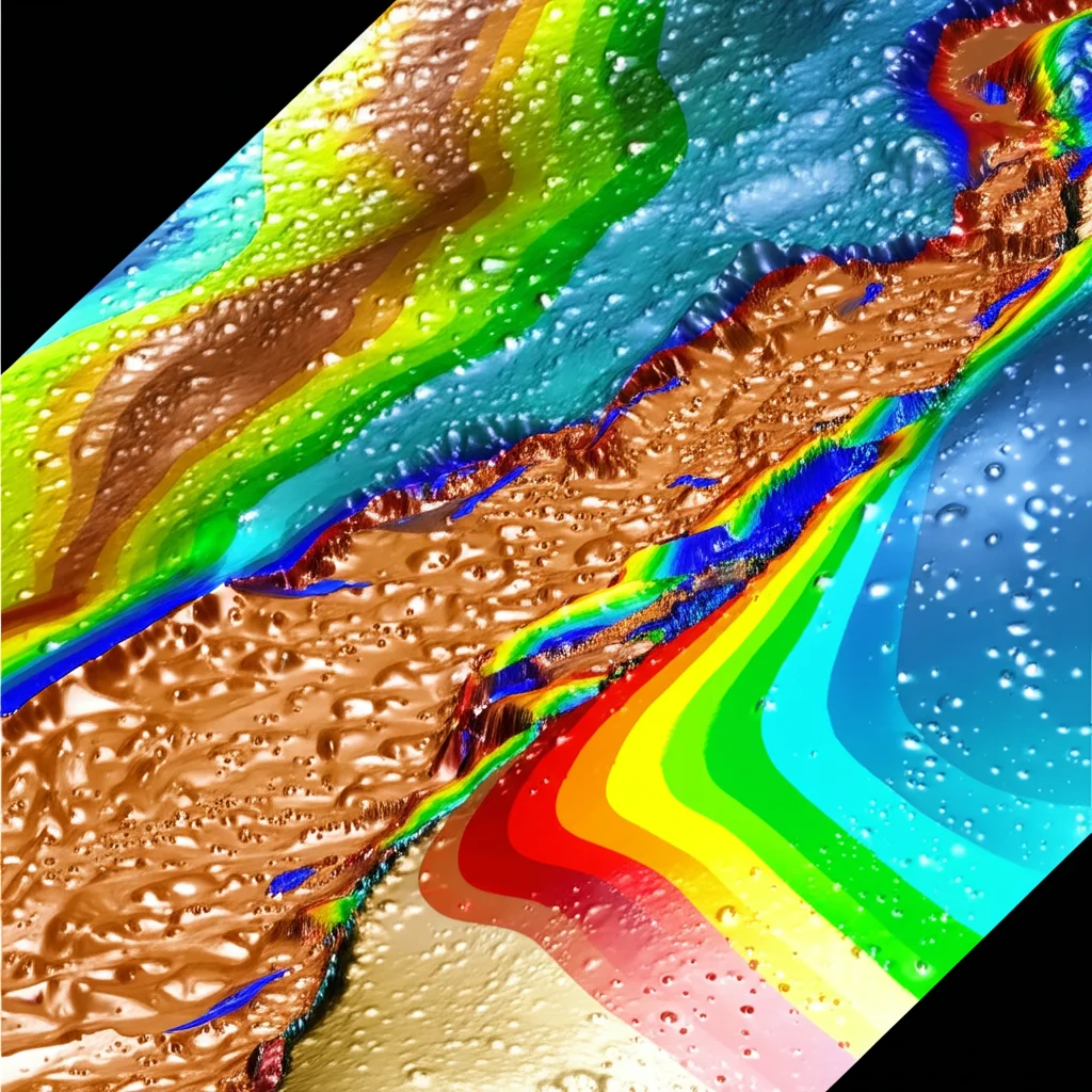 Visualizzazione 3D da un software CFD (Fluidodinamica Computazionale) che mostra il profilo di una colata di fango simulata lungo un pendio digitale; colori che indicano la velocità o la profondità del flusso, rendering fotorealistico con ombre morbide e riflessi sulla superficie del fango virtuale, stile tecnico ma visivamente accattivante.