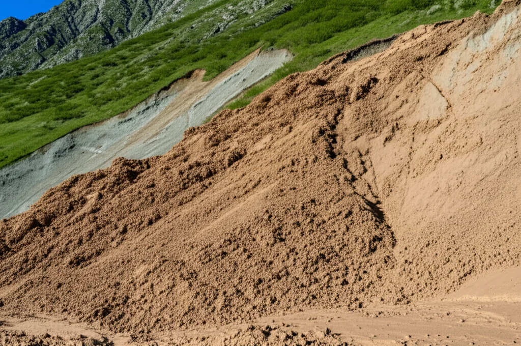 Fotografia grandangolare (obiettivo 20mm) di un paesaggio montuoso dopo una colata di fango, mostrando la traccia lasciata dal flusso e l'area di deposizione alla base del pendio; luce naturale del tardo pomeriggio, messa a fuoco nitida sull'intera scena, evidenziando la scala del fenomeno naturale.