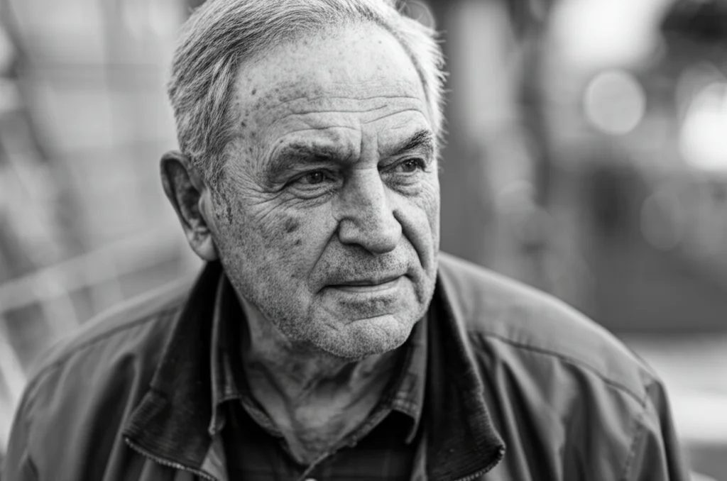 Ritratto fotografico di un uomo anziano (circa 70 anni) con un'espressione pensierosa ma serena, luce naturale morbida, obiettivo da 35mm, profondità di campo che sfoca leggermente lo sfondo, bianco e nero.