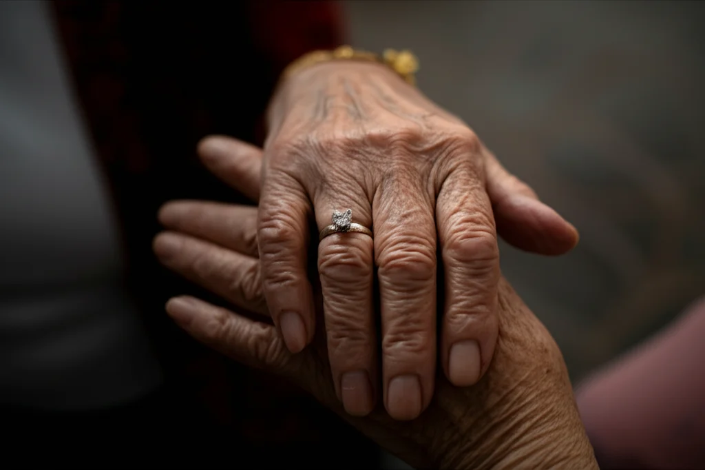 Dettaglio macro di due mani anziane che si sfiorano delicatamente, una con anello nuziale, illuminazione controllata che evidenzia le texture della pelle, obiettivo macro 90mm, alta definizione.