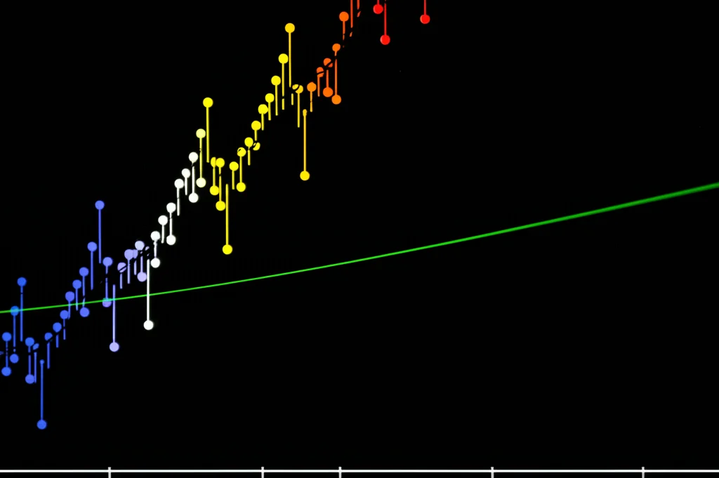 Visualizzazione astratta di dati provenienti da diverse famiglie esponenziali (binomiale, Poisson, chi-quadrato) con una linea sovrapposta che mostra una stima monotona a tratti, stile fotografia macro 90mm, alta definizione, illuminazione controllata per evidenziare i punti di cambiamento e la natura diversa dei dati.