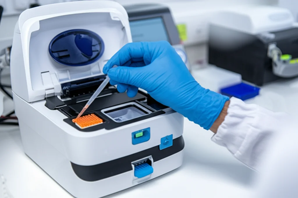 Ricercatore scientifico in un laboratorio moderno che carica campioni di DNA in un sequenziatore Oxford Nanopore MinION. Illuminazione controllata da laboratorio, focus preciso sul dispositivo e sulle pipette. Lente macro 100mm, alta definizione dei dettagli.