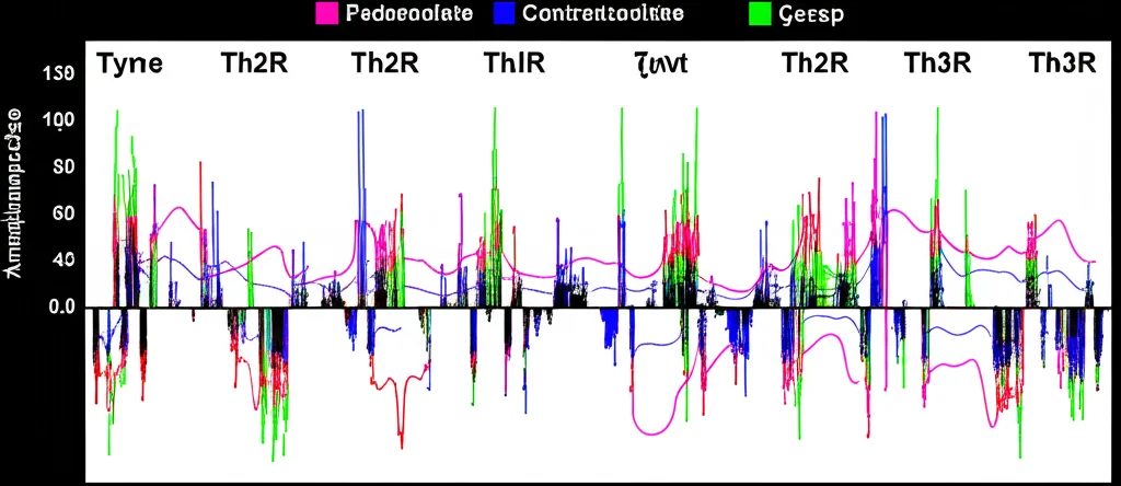 Visualizzazione grafica astratta che confronta la sequenza amminoacidica del gene Pfcsp del ceppo vaccinale (linea retta, colore uniforme) con molteplici sequenze diverse da ceppi etiopi (linee ondulate, colori vari), evidenziando le aree di mismatch nelle regioni Th2R e Th3R. Sfondo digitale scuro, alta definizione.
