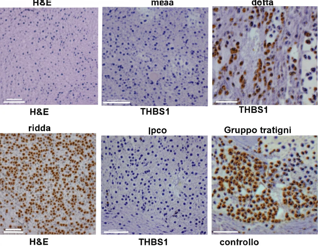 Micrografia di sezioni di tumore della cistifellea da topo nudo, colorazione HeE, che mostra una ridotta formazione di vasi sanguigni nel gruppo trattato con THBS1 rispetto al controllo. Lente macro 100mm, alto dettaglio, illuminazione da microscopio.