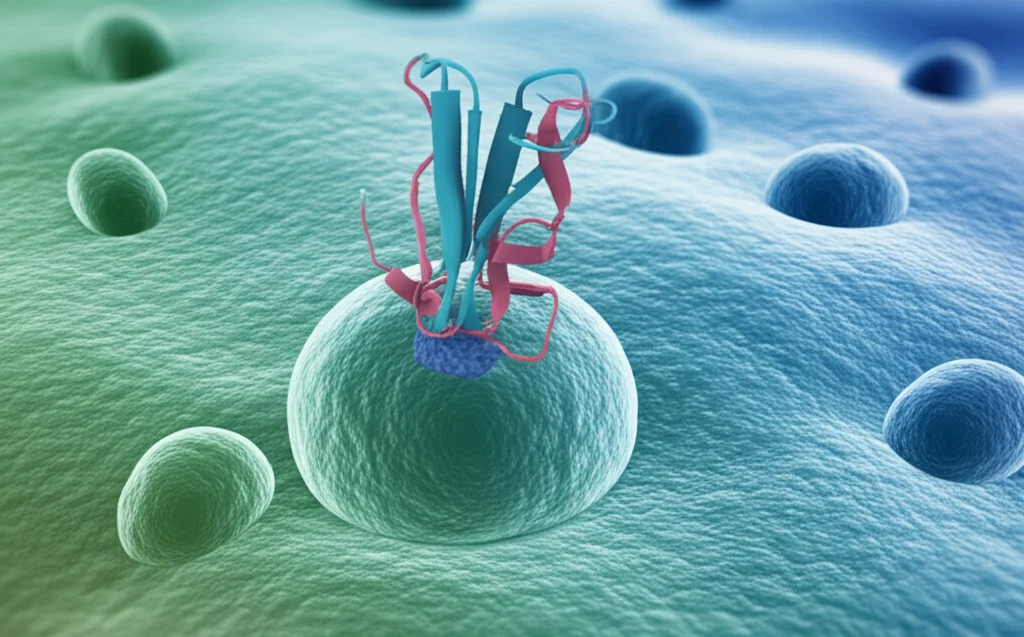 Illustrazione concettuale di una proteina THBS1 stilizzata che interagisce con una cellula tumorale della cistifellea, bloccandone i segnali di crescita e angiogenesi. Sfondo medico astratto, colori blu e verde duotone, profondità di campo.