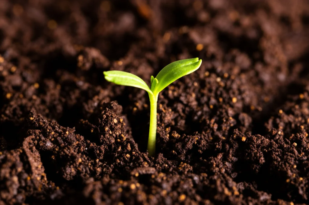 Foto macro di una giovane pianta che spunta da un terreno fertile, illuminazione controllata e focalizzazione precisa sui dettagli delle prime foglie, simbolo della crescita e dello sviluppo precoce studiati nella scienza della prevenzione. Obiettivo macro 85mm, alta definizione.