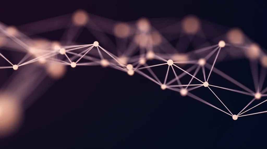 Visualizzazione astratta di una rete complessa e interconnessa di nodi luminosi su sfondo scuro, rappresentante le interazioni sistemiche dell'obesità, stile macro lens 100mm, high detail, controlled lighting.