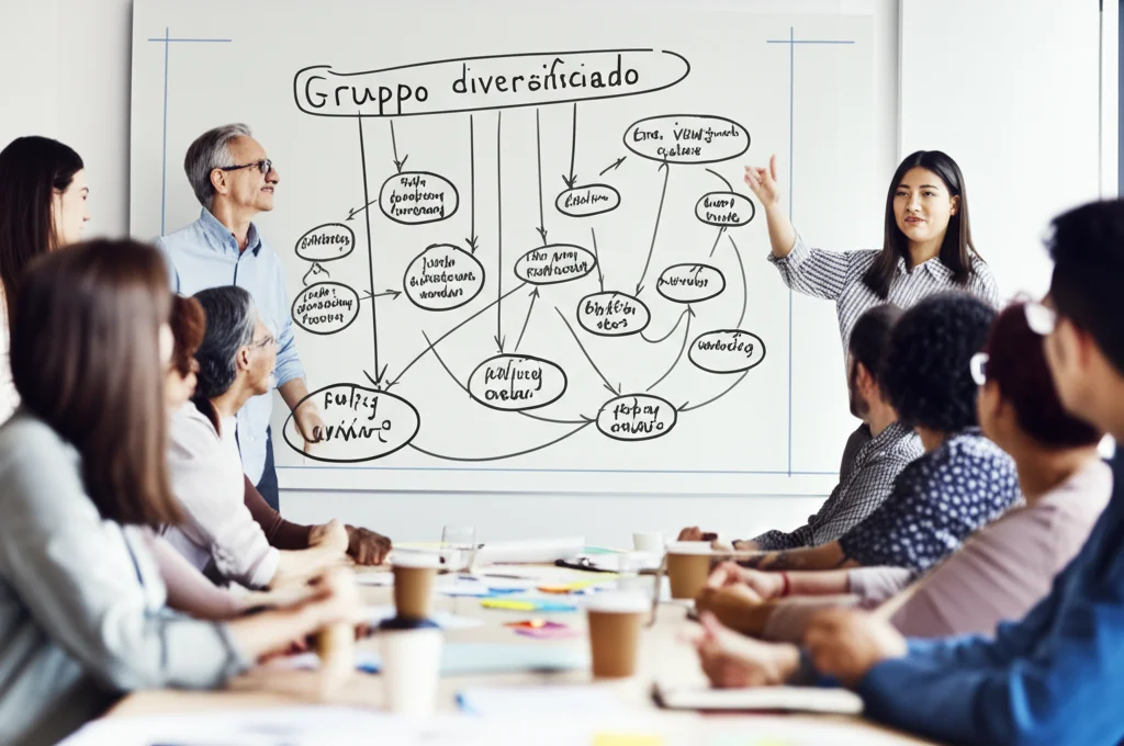 Gruppo diversificato di persone (ricercatori, cittadini, policy maker) attorno a un tavolo, che discutono animatamente davanti a un grande diagramma di causalità disegnato su una lavagna bianca, stile prime lens 35mm, depth of field.