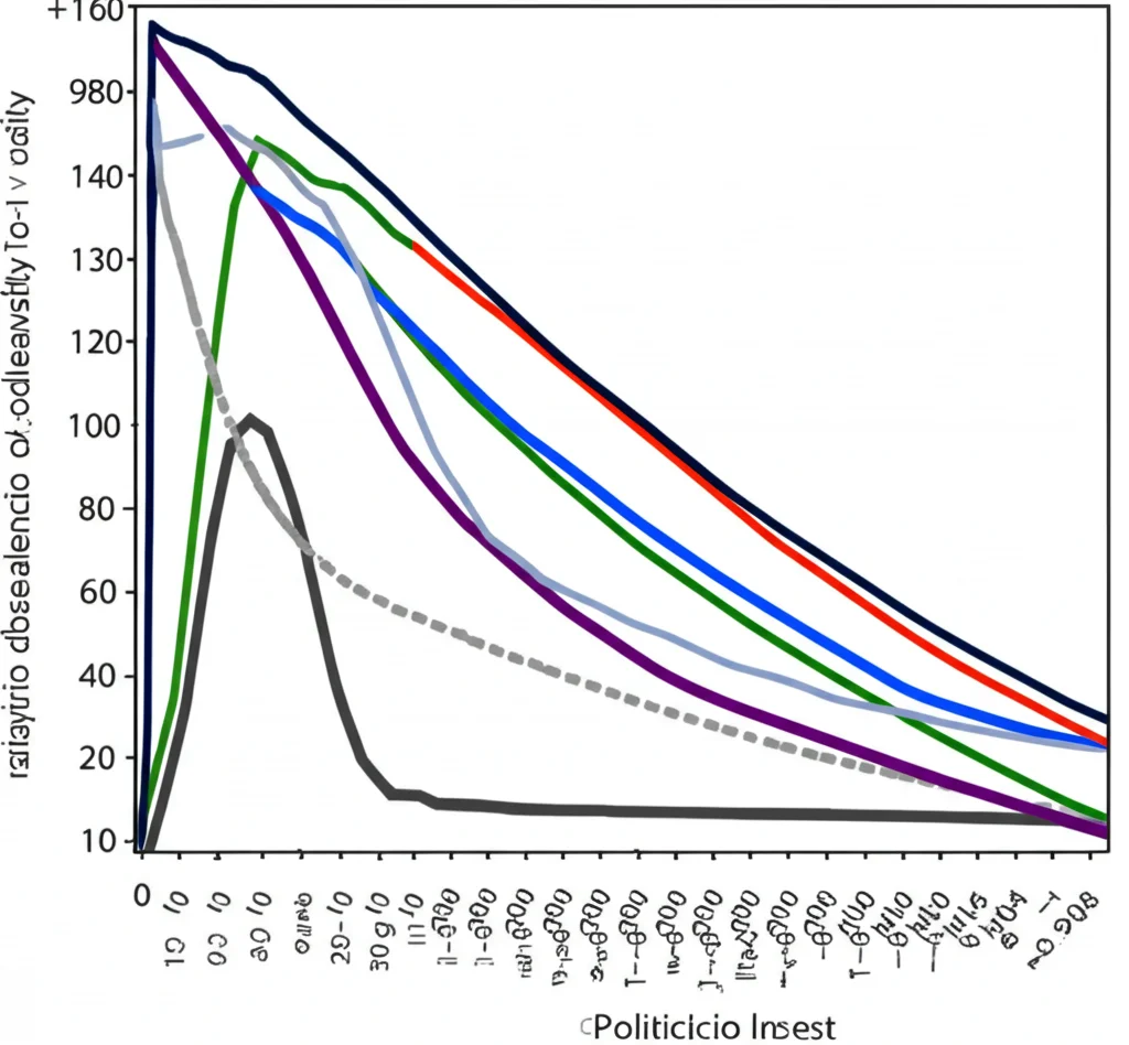 Grafico computerizzato che mostra curve di simulazione con traiettorie discendenti, indicanti una riduzione della prevalenza dell'obesità nel tempo grazie a interventi politici, stile high detail, precise focusing.