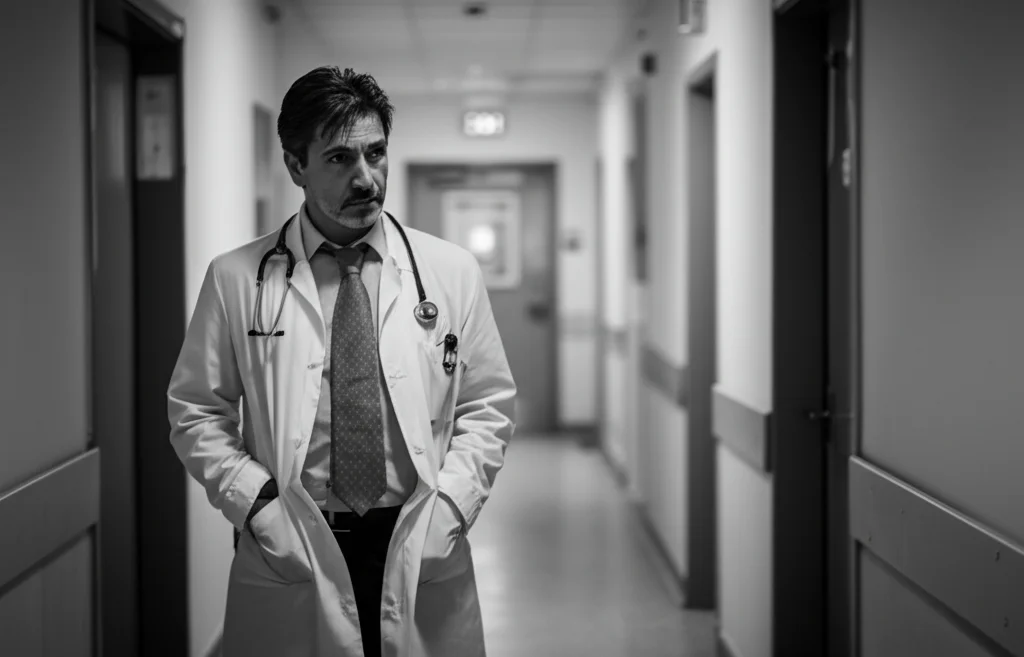 Ritratto intenso di un medico pensieroso in un corridoio d'ospedale scarsamente illuminato, stile film noir, obiettivo 35mm, bianco e nero, profondità di campo accentuata per isolare il soggetto.