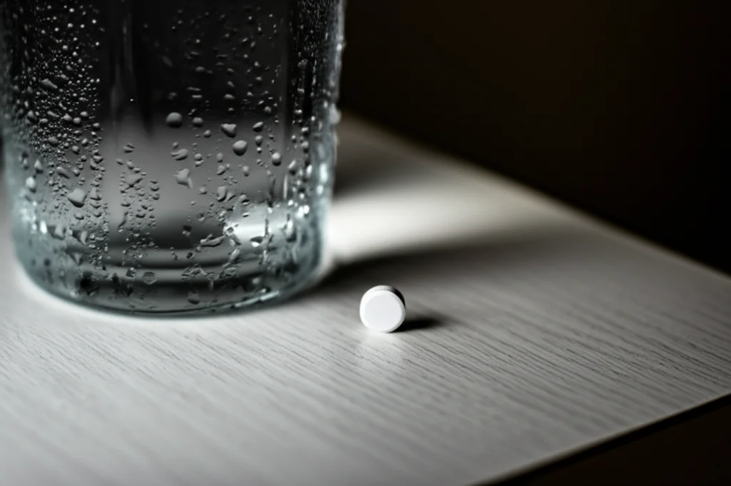 Primo piano macro di una pillola solitaria su un comodino accanto a un bicchiere d'acqua, illuminazione controllata per enfatizzare la texture della pillola e le gocce d'acqua, obiettivo macro 100mm, alta definizione.