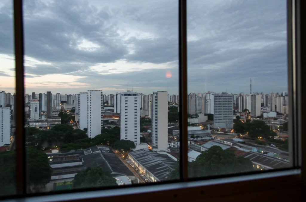 Fotografia grandangolare di un paesaggio urbano brasiliano all'alba visto da una finestra d'ospedale, cielo con nuvole morbide per lunga esposizione, messa a fuoco nitida sulla città sottostante, obiettivo grandangolare 15mm.