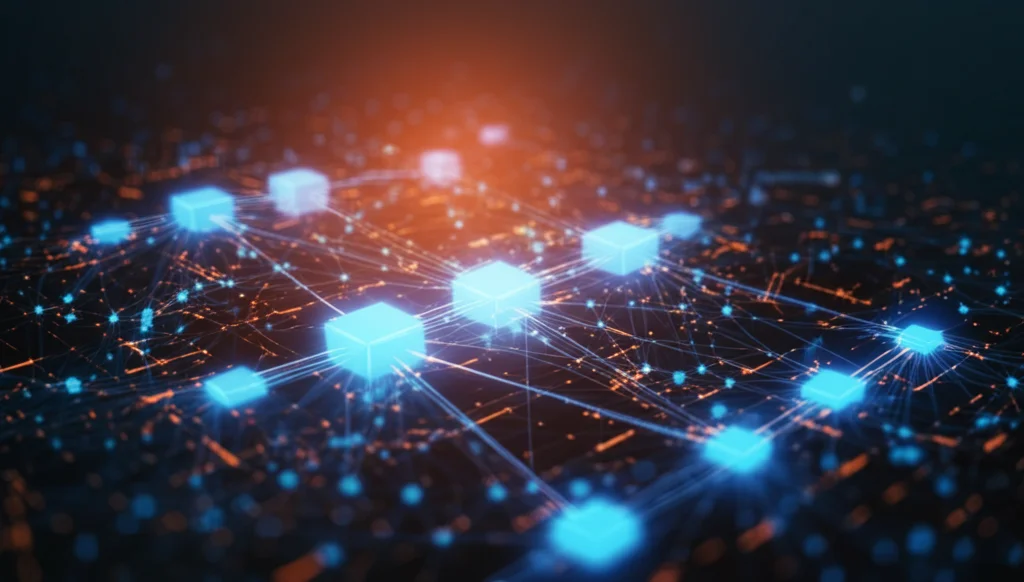 Grafico astratto 3D che rappresenta una rete neurale convoluzionale (CNN) come ResNet18, con blocchi residui interconnessi e flussi di dati luminosi che la attraversano. Colori blu e arancione duotone, profondità di campo, sfondo scuro high-tech.