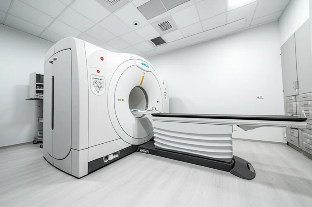 Immagine fotorealistica di uno scanner PET Siemens Biograph Vision in un ambiente di laboratorio pulito e moderno. Macro lens, 70mm, alta definizione dei componenti interni visibili, illuminazione controllata e riflessi realistici sulle superfici metalliche.