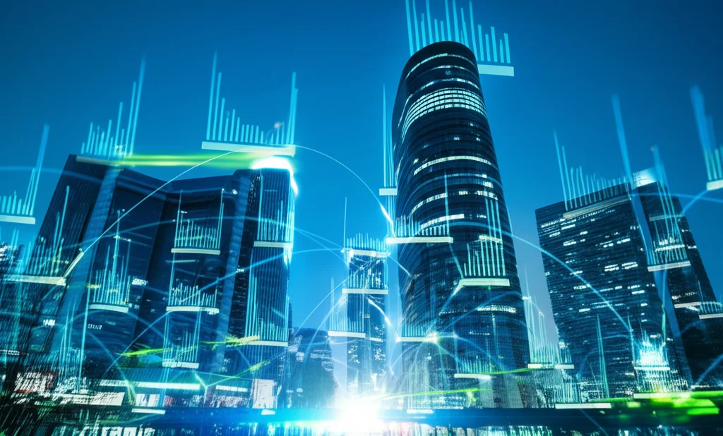 Fotografia grandangolare di una skyline futuristica di una smart city di notte, con flussi di dati digitali luminosi blu e verdi che collegano gli edifici e le infrastrutture. Lunga esposizione per scie luminose, messa a fuoco nitida, obiettivo 15mm.