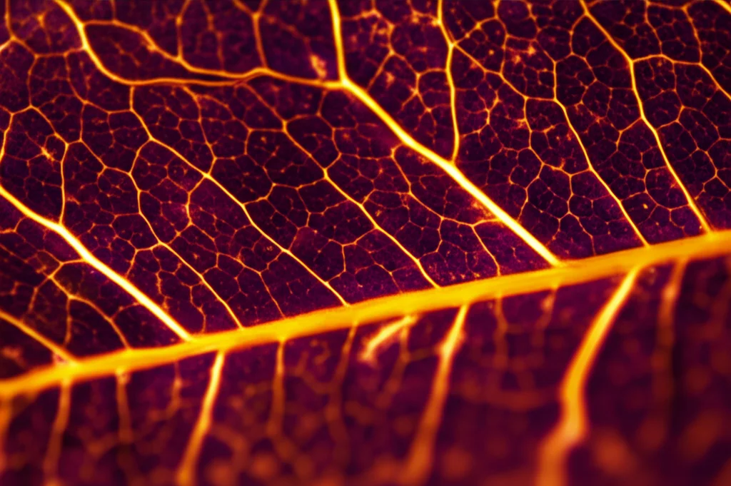 Macro fotografia di una foglia di pianta modello (fantoccio) illuminata controluce, 105mm, alta definizione delle nervature, con sovrapposta una mappa di calore colorata che rappresenta la concentrazione simulata di un radioisotopo PET, messa a fuoco precisa.