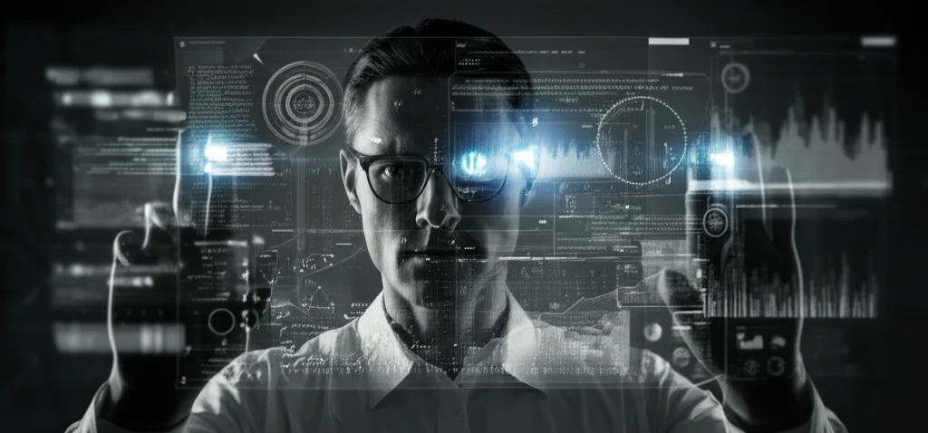 Primo piano di un ricercatore di cybersecurity che osserva attentamente uno schermo olografico complesso che mostra codice binario, grafici di entropia e visualizzazioni di dati malware. Stile film noir, bianco e nero con accenti blu elettrico luminosi, obiettivo 35mm, profondità di campo.