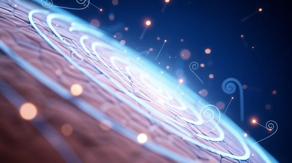 Visualizzazione 3D fotorealistica che mostra particelle luminose (positroni) che seguono traiettorie a spirale all'interno di linee di campo magnetico bluastre e trasparenti, il tutto sovrapposto a una delicata struttura cellulare vegetale. Obiettivo 85mm, profondità di campo ridotta per focalizzare sulle spirali, illuminazione drammatica.