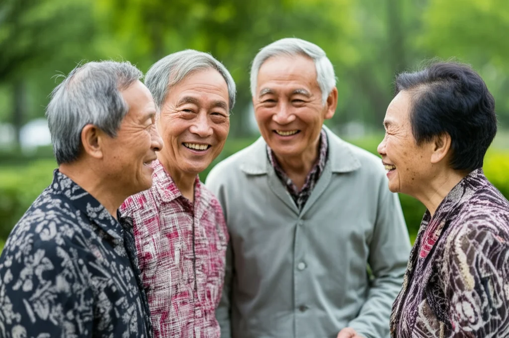 Fotografia di ritratto di un gruppo eterogeneo di anziani cinesi sorridenti che chiacchierano amichevolmente in un parco cittadino, obiettivo 35mm, profondità di campo ridotta per mettere a fuoco i volti espressivi e sfocare leggermente lo sfondo verdeggiante, luce naturale morbida.