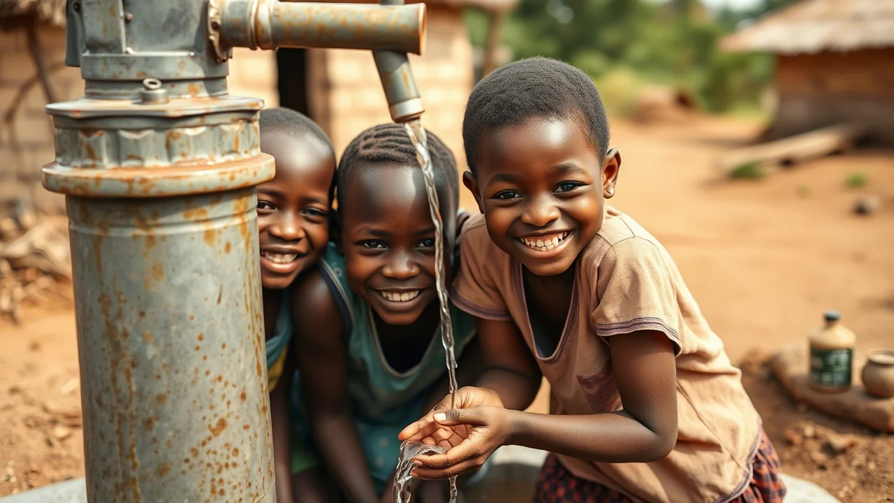 Fotografia realistica di bambini nigeriani sorridenti che raccolgono acqua pulita da un nuovo pozzo comunitario, stile ritratto con obiettivo 35mm, luce naturale calda, profondità di campo che sfoca leggermente lo sfondo del villaggio.
