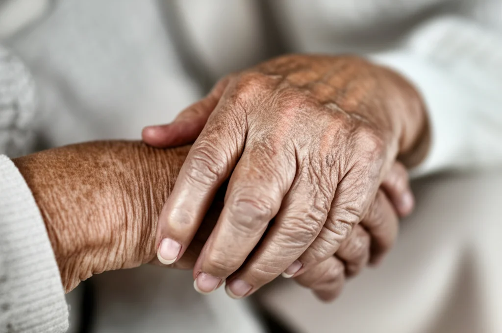 Fotografia macro, obiettivo 100mm, di due mani anziane che si stringono calorosamente, simboleggiando supporto e connessione. Illuminazione controllata per evidenziare la texture della pelle e il gesto di conforto, alta definizione dei dettagli.