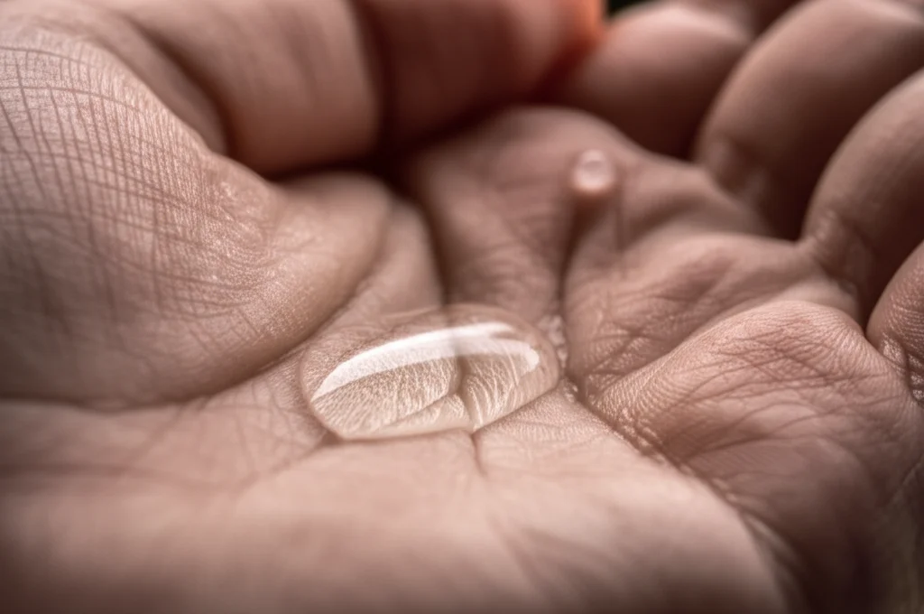 Immagine macro, obiettivo 100mm, di gocce d'acqua limpida su una mano tesa, simbolo di aiuto e generosità, illuminazione controllata per evidenziare la purezza dell'acqua.