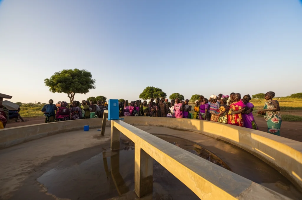 Foto grandangolare, obiettivo 15mm, di un paesaggio rurale nigeriano con un impianto idrico funzionante in primo piano e la comunità riunita intorno, cielo sereno, luce del tardo pomeriggio, messa a fuoco nitida.