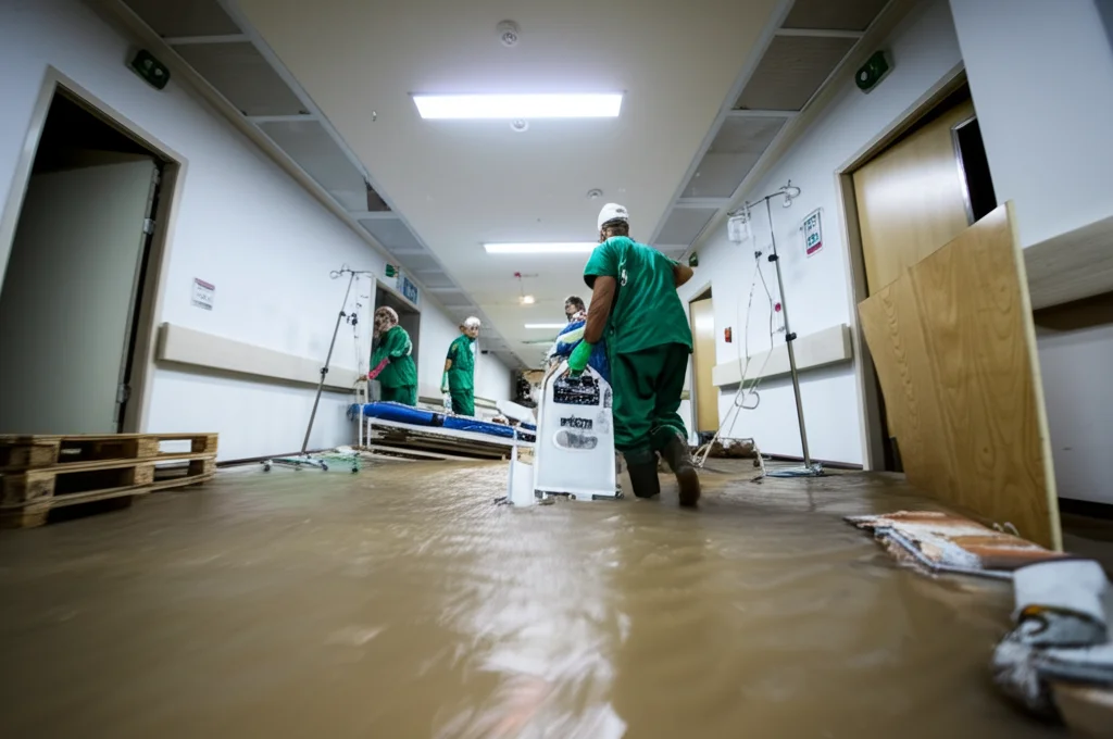 Foto grandangolare di un corridoio d'ospedale moderno ma parzialmente allagato dopo un'alluvione. Si vedono attrezzature mediche sollevate su bancali e personale sanitario con stivali di gomma che cerca di spostare materiale. Luce di emergenza fioca. Obiettivo grandangolare 15mm, messa a fuoco nitida sull'acqua e sui danni, effetto mosso sull'acqua per dare senso di movimento.