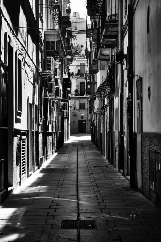 Una foto in bianco e nero, stile film noir, di una stretta strada palermitana negli anni '80, obiettivo 35mm, con ombre lunghe proiettate da edifici antichi, suggerendo un'atmosfera di controllo nascosto e accordi sottobanco.