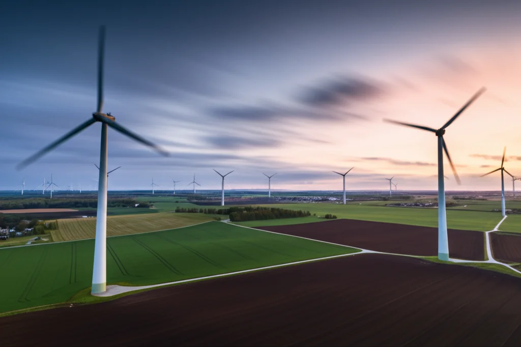Veduta aerea di un paesaggio rurale danese al tramonto con diverse turbine eoliche sparse tra i campi coltivati, fotografia paesaggistica, obiettivo grandangolare 18mm, lunga esposizione per nuvole mosse, messa a fuoco nitida su tutto il campo.
