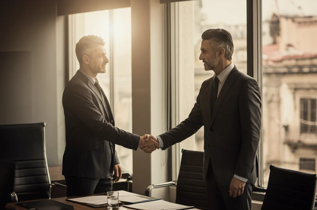 Due uomini d'affari si stringono la mano in un ufficio moderno con vista su un vecchio quartiere di Palermo, luce soffusa, obiettivo 50mm, duotone seppia e grigio, suggerendo un accordo ambiguo nella 'zona grigia' tra legalità e illegalità.