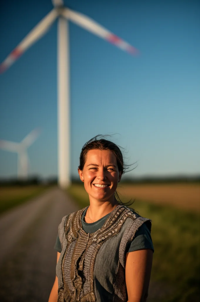 Ritratto di un'imprenditrice agricola danese sorridente davanti alla sua turbina eolica in una giornata di sole, fotografia ritrattistica, obiettivo 50mm, profondità di campo ridotta per sfocare lo sfondo, luce naturale.