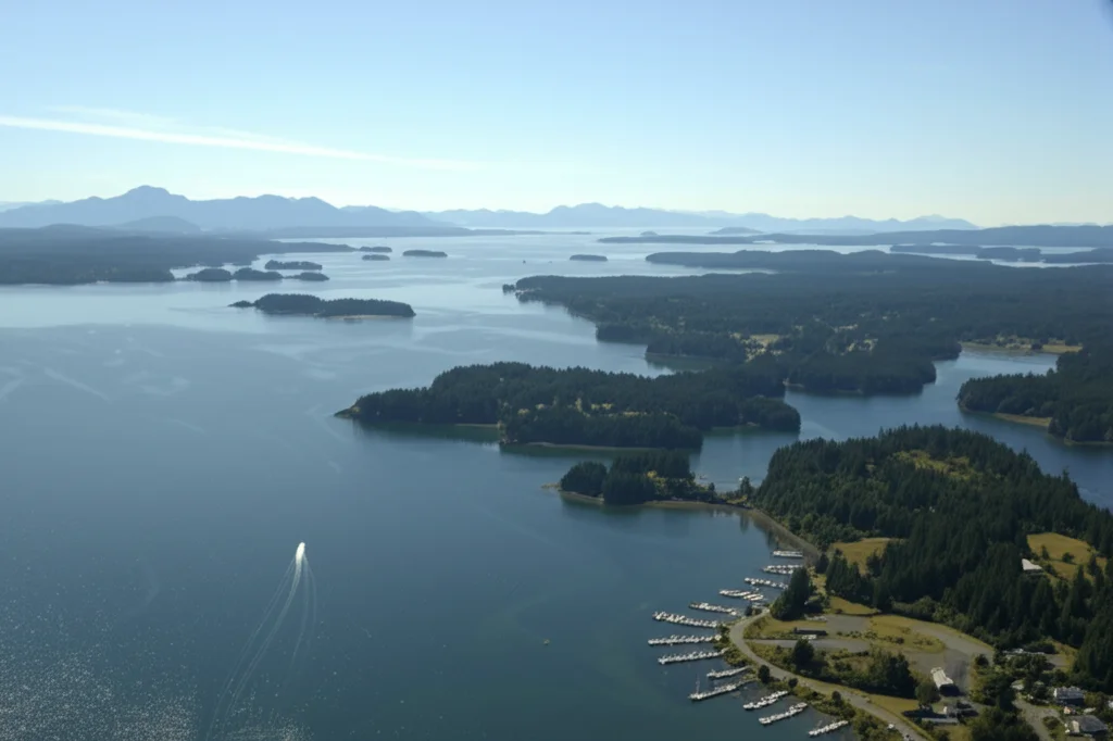 Veduta aerea di East Sound, WA, USA, con acque costiere calme e leggermente increspate sotto un cielo sereno. Wide-angle lens, 18mm, sharp focus sull'intera scena, luce naturale del primo pomeriggio che evidenzia la topografia costiera e la superficie dell'acqua, catturando l'ambiente dello studio.