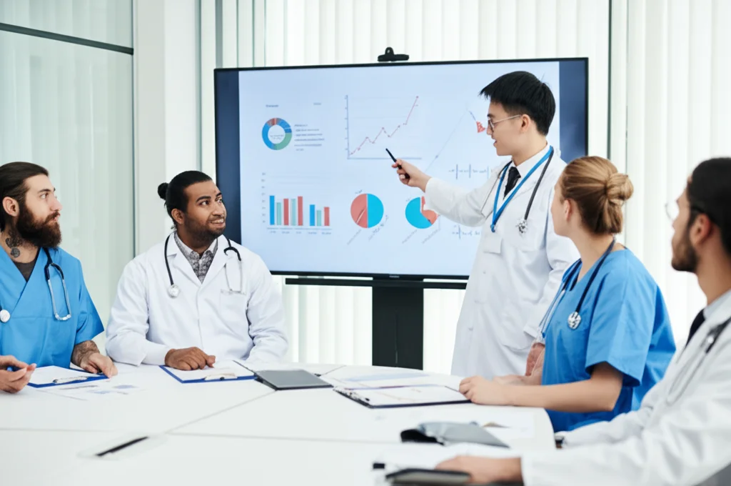 Fotografia realistica dello stesso gruppo di professionisti sanitari cinesi, questa volta in un ambiente più luminoso e collaborativo. Potrebbero essere durante una sessione di formazione interattiva o una riunione di team, con alcuni che sorridono o annuiscono con interesse. Uno di loro indica uno schermo o una lavagna con grafici positivi sulla riabilitazione polmonare. Obiettivo zoom, 50mm, luce naturale proveniente da una finestra, atmosfera di impegno positivo e speranza.