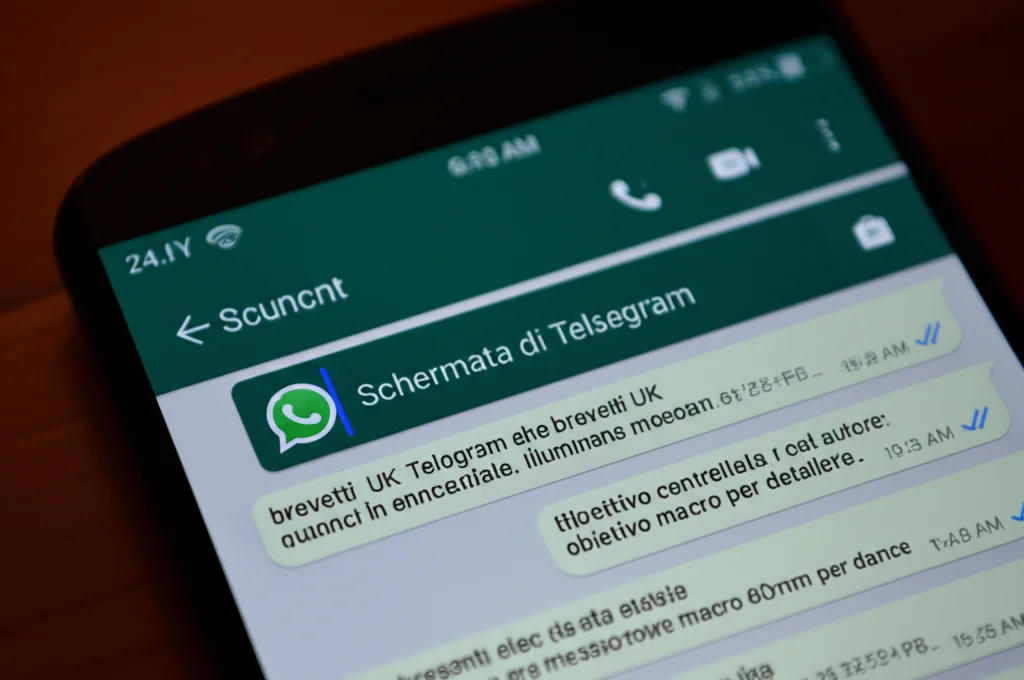 Schermata di uno smartphone che mostra un gruppo WhatsApp o Telegram con annunci colorati che offrono 'brevetti UK' e 'slot autore', illuminazione controllata, obiettivo macro 60mm per dettaglio elevato sui messaggi.