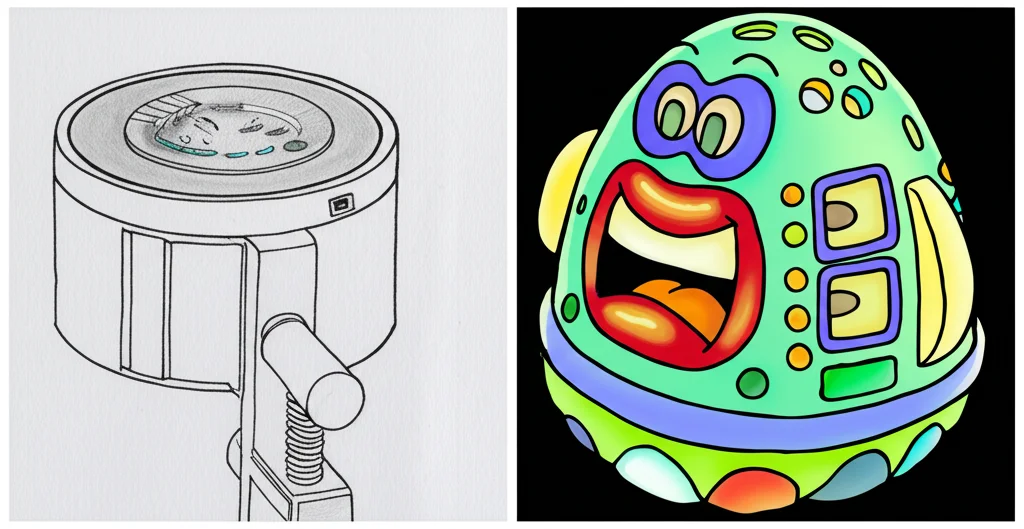Collage affiancato: a sinistra un disegno tecnico serio e pulito di un prodotto reale, a destra un disegno colorato e cartoonish di un 'dispositivo AI per l'ispezione del cancro' che assomiglia a un giocattolo, illuminazione da studio controllata, obiettivo 100mm macro.