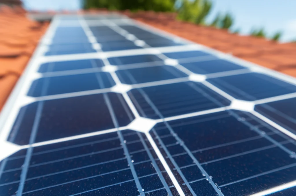 Foto macro di un pannello solare monocristallino high-tech installato su un tetto moderno, lente macro 100mm, alta definizione, luce solare diretta che ne evidenzia la texture e l'efficienza, messa a fuoco precisa sui dettagli delle celle.