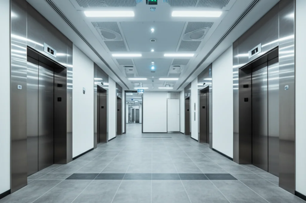 Fotografia interna di un moderno atrio di un ufficio intelligente, vista grandangolare 24mm, profondità di campo che mostra sia le luci LED soffuse controllate intelligentemente sia le porte lucide di un ascensore moderno, atmosfera high-tech e sostenibile, luce controllata.