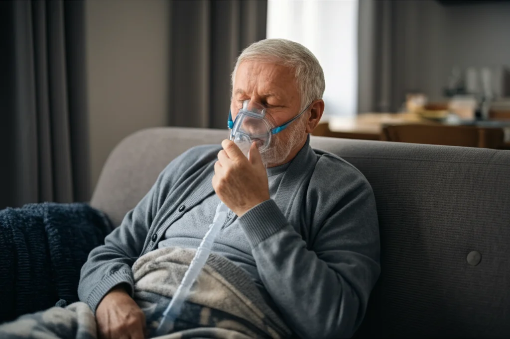 Ritratto ambientato di un paziente con BPCO che utilizza un dispositivo di ventilazione non invasiva a casa, seduto comodamente su un divano con una coperta, luce naturale dalla finestra. Obiettivo 50mm, profondità di campo media, atmosfera serena e positiva, colori caldi.