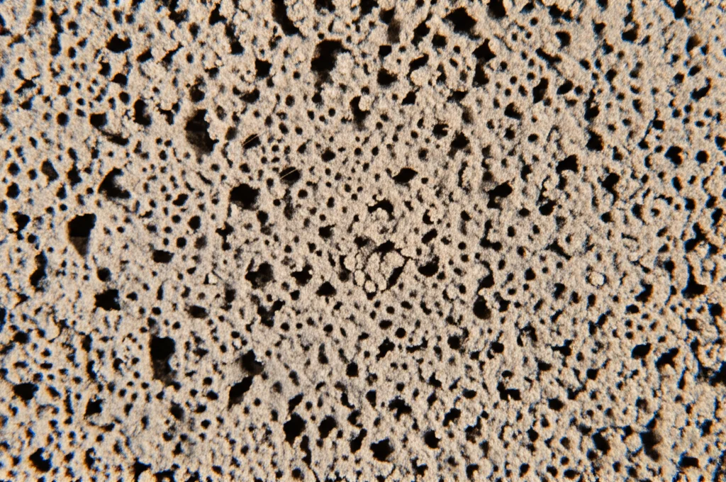 Primo piano di un campione di terreno loess collassabile in laboratorio, evidenziando la sua struttura porosa e fine. Macro lens, 80mm, high detail, precise focusing, controlled lighting.