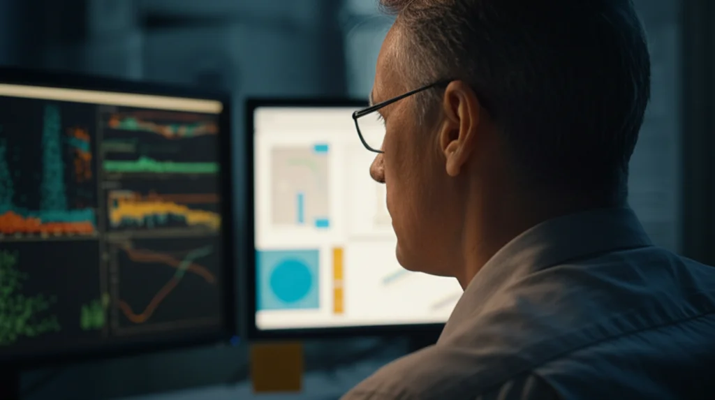 Ricercatore in un laboratorio geotecnico che osserva attentamente schermi di computer visualizzanti grafici complessi e analisi statistiche di dati di suolo loess. Portrait photography, 35mm lens, depth of field, focus sui riflessi degli schermi negli occhiali del ricercatore.